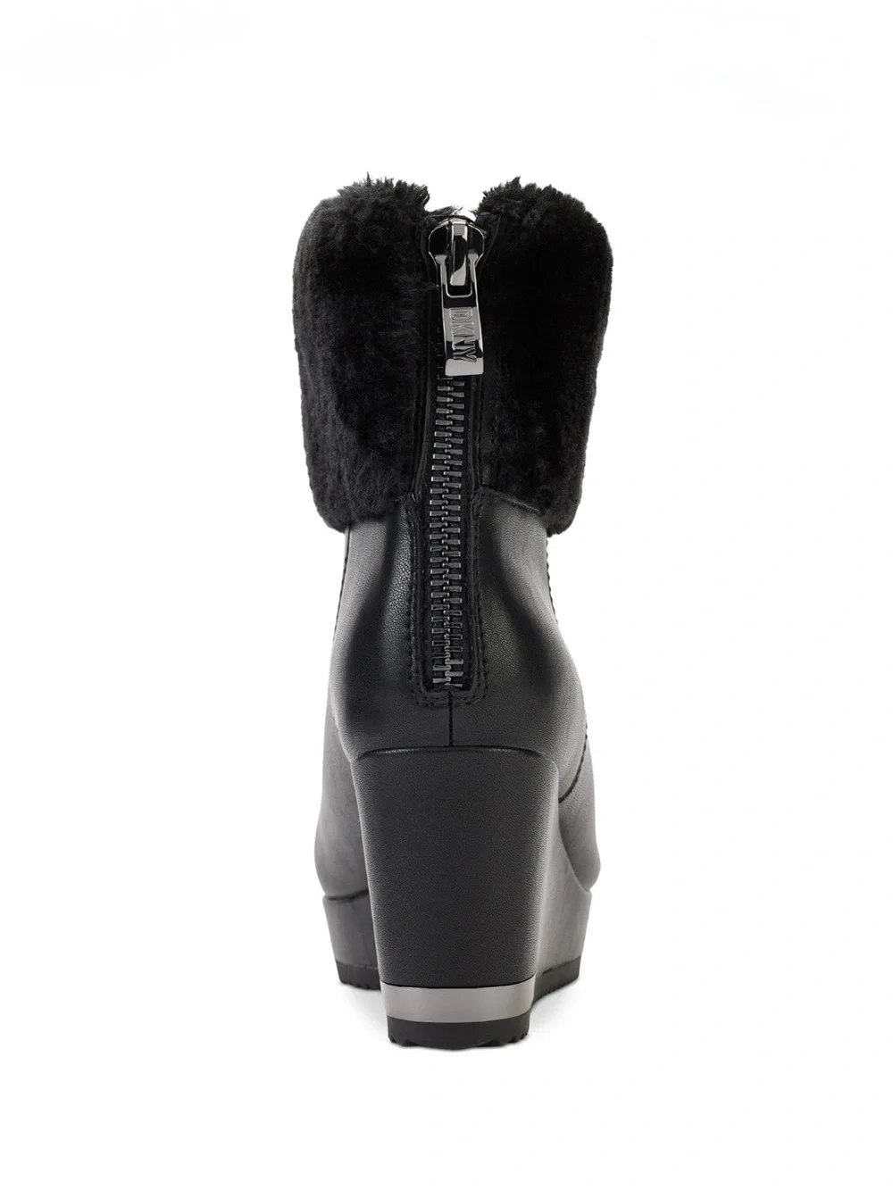 New In Box-DKNY Nadra Faux Shearling Wedge Booties Smooth Black